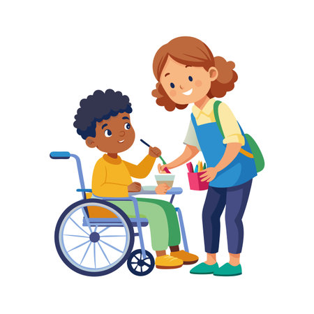 Cartoon of caregiver assisting boy in wheelchair with art activity on a white backdrop.のイラスト素材