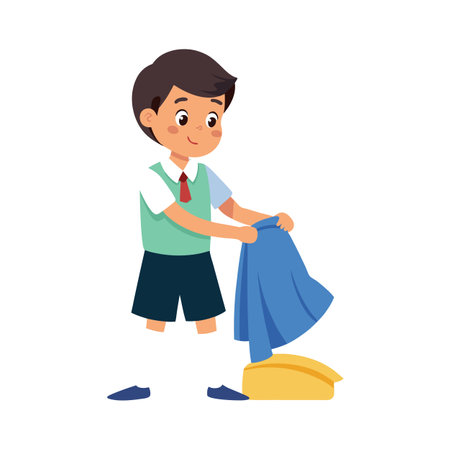 Boy placing blue shirt on a yellow suitcase, flat design style vector illustrationのイラスト素材