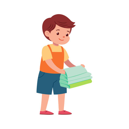 Cartoon Boy Holding Stacked Towels Ready to Assist With Laundry Choresのイラスト素材