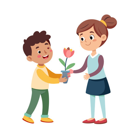 Boy giving a potted flower to a girl, symbolizing friendship and affectionのイラスト素材