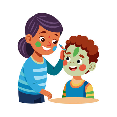 Girl painting face of a smiling boy with colorful paints illustration isolated on whiteのイラスト素材