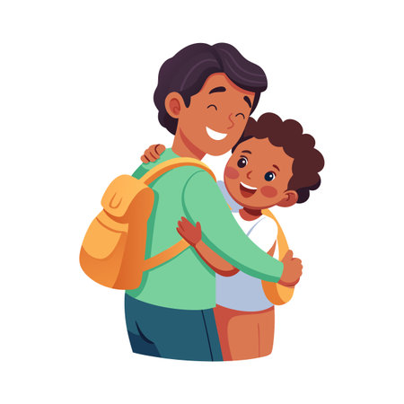 Father and son hugging with backpack, depicting family love and school preparation conceptのイラスト素材