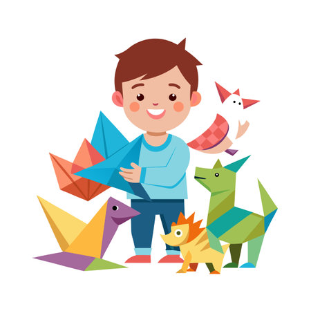 Boy with Origami Animals: A Colorful Illustration for Children's Creativity and Paper Artのイラスト素材