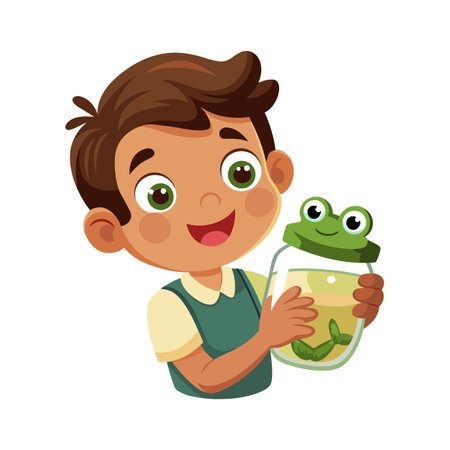 Cartoon Boy Holding Jar with Frog, Exploring Nature and Animal Conservation Conceptのイラスト素材