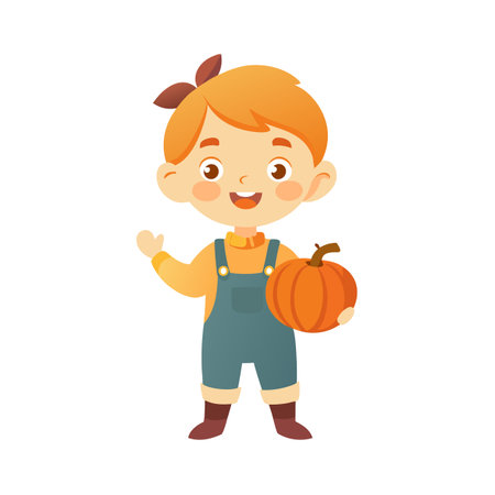 Cheerful boy in overalls holding a pumpkin, waving hello, illustration for autumn holidaysのイラスト素材