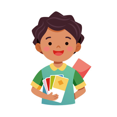 Smiling Boy Holding Colorful Cards in Flat Vector Style, Isolated on Whiteのイラスト素材