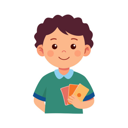 Young boy holding colorful cards, illustration for childhood activities or educationのイラスト素材