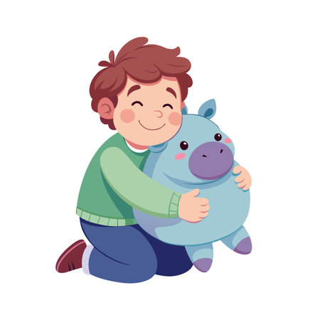 A cheerful boy hugging his plush toy, displaying childhood innocence and comfortのイラスト素材