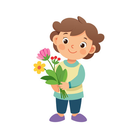 Cute Young Child Holding a Colorful Bouquet of Flowers with Smiling Face in Vector Illustrationのイラスト素材