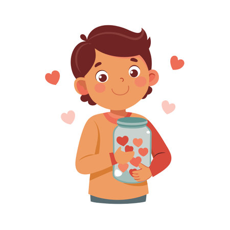 Cartoon boy holding a jar filled with heart shapes, symbolising love and affection.のイラスト素材