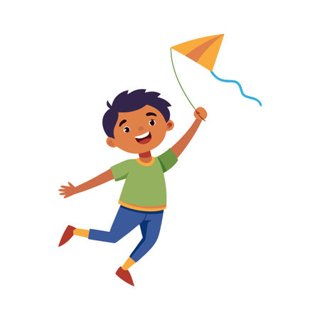 Boy running with a kite in a flat cartoon style on a white backgroundのイラスト素材