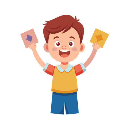 Cartoon Boy Holding Cards in Celebration Isolated on White Background Illustrationのイラスト素材