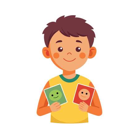 Cartoon Boy Holding Cards with Smiley Faces Representing Moods and Feelingsのイラスト素材