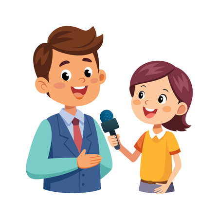 Cartoon Reporter Interviewing Man with Microphone on White Background, News Broadcast Conceptのイラスト素材
