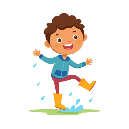 Joyful boy in rain boots splashing in a puddle on a white backgroundのイラスト素材