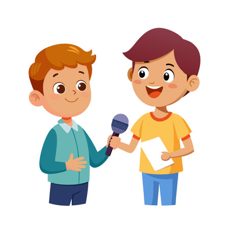 Cartoon illustration of two young boys, one interviewing the other with a microphone.のイラスト素材