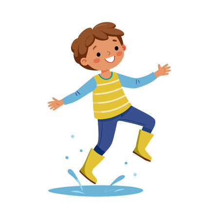 Cartoon boy joyfully jumping in a puddle wearing yellow boots on a white backgroundのイラスト素材