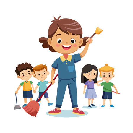 Cartoon vector of children cleaning, promoting teamwork and responsibility through shared choresのイラスト素材