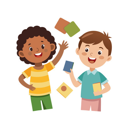 Two cheerful boys juggling colorful square cards on white background illustrationのイラスト素材