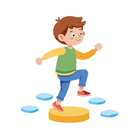 Young Boy Stepping on Colorful Platforms in a Fun and Playful Scene, Isolatedのイラスト素材
