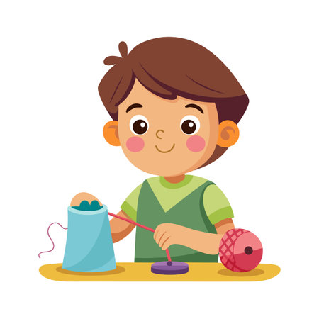 Young boy crafting using yarn and cardboard tubes at a yellow tableのイラスト素材