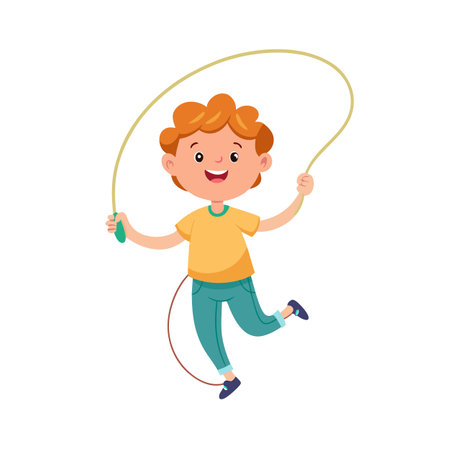 Enthusiastic young boy jumping rope with a smile, promoting children's fitness and activityのイラスト素材