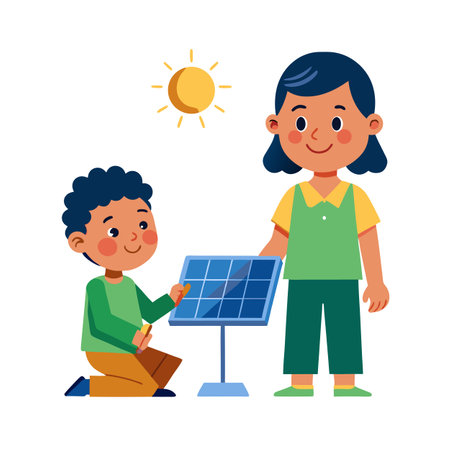 Children learning about renewable energy with solar panel and the sun illustrationのイラスト素材