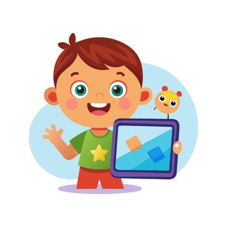 Cheerful Cartoon Boy Waving with a Tablet and Bird Friend, Educational Conceptのイラスト素材