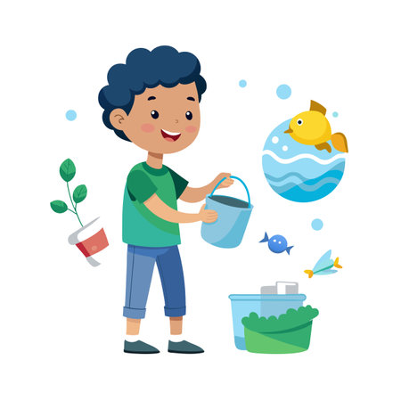Cartoon Boy Caring for Environment and Fish, Illustrative Stock Image for Childrenのイラスト素材