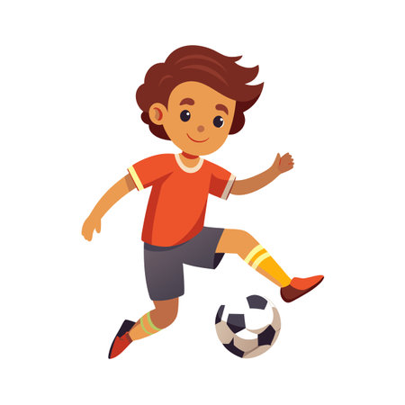 Cartoon boy playing soccer, kicking ball in vector illustration, isolated on white backgroundのイラスト素材