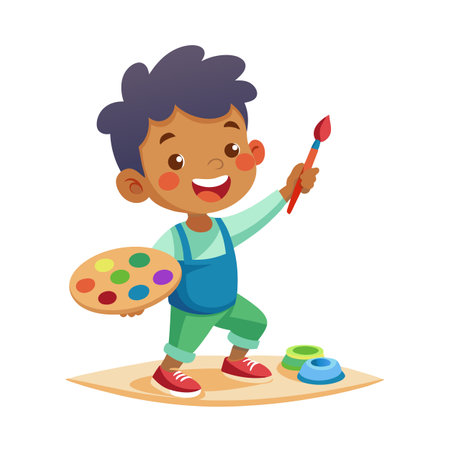 Cartoon Boy Artist with Palette and Brush Ready to Paint an Artworkのイラスト素材
