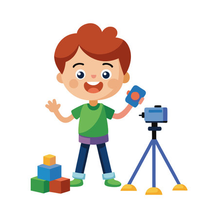Cartoon boy playing with camera, tripod, and building blocks against a white backgroundのイラスト素材
