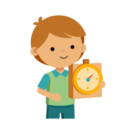 Illustration of a Smiling Boy Holding a Clock Against White Backgroundのイラスト素材