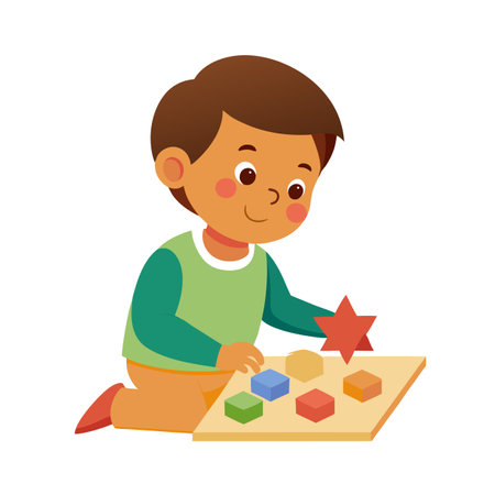 Little boy playing with shape sorting toy, educational game for kids, learning conceptのイラスト素材