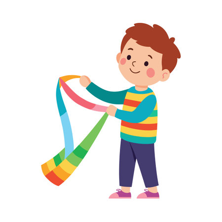 Cartoon boy with colorful ribbon, illustration of childhood joy and creative play, flat designのイラスト素材