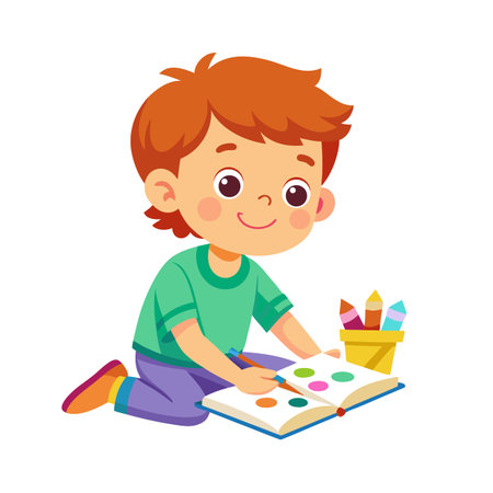 A young red-haired boy coloring in a book with crayons, sitting on the floorのイラスト素材