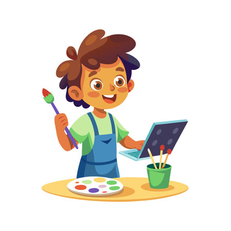 Cartoon boy artist painting digitally with a laptop and paintbrush on a yellow tableのイラスト素材