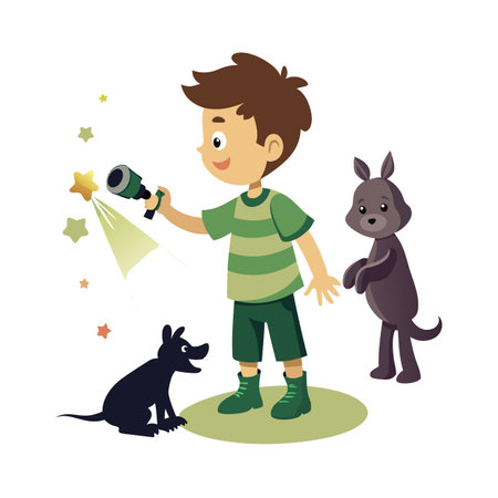 Boy explores stars with a telescope, accompanied by his kangaroo and dog friendsのイラスト素材