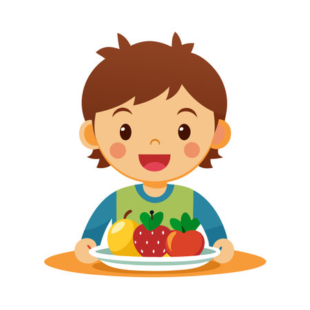 Cartoon boy holding plate with pear, strawberry and apple; healthy eating conceptのイラスト素材
