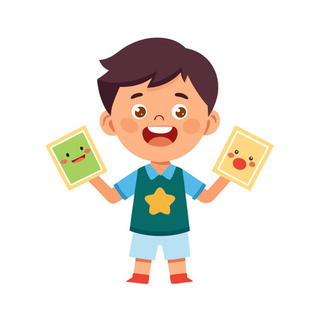 Happy boy holding cards with happy and sad faces in cartoon styleのイラスト素材