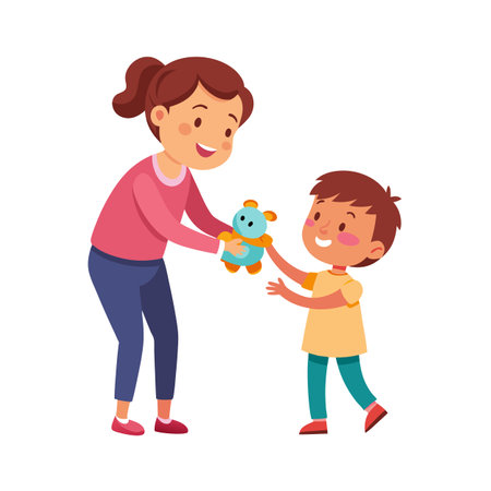Mother Giving Toy to Her Son, Expressing Love and Care in a Playful Mannerのイラスト素材
