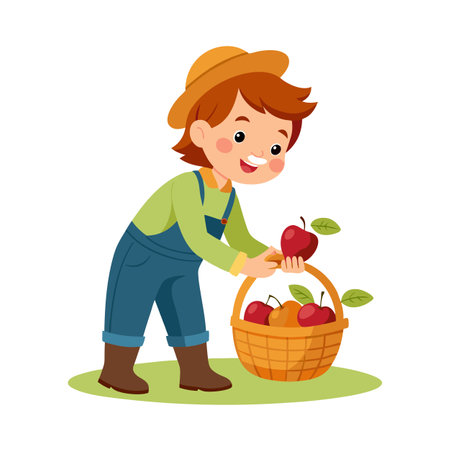 Illustration of a child farmer harvesting apples into a woven basket on green grassのイラスト素材