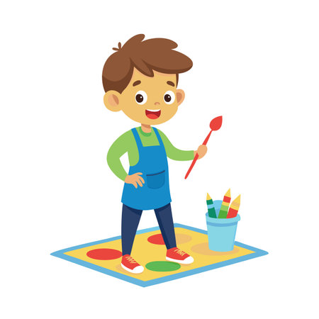 A young boy stands ready to paint with vibrant colors and childlike exuberanceのイラスト素材