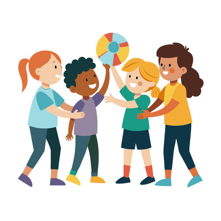 Group of diverse children happily playing with a colorful beach ball togetherのイラスト素材