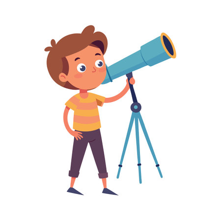 Illustration of a Boy Gazing Through a Telescope on a White Backgroundのイラスト素材