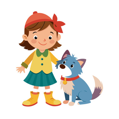 Cartoon girl with brown hair and blue dog with a red collarのイラスト素材