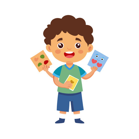 Cheerful Boy Displaying Handmade Cards with Hearts and Playful Designs on White Backgroundのイラスト素材