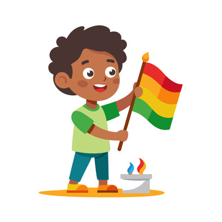 Cartoon boy proudly holding a colorful flag near a symbolic eternal flame memorialのイラスト素材