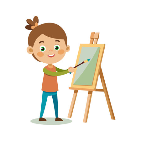 Cartoon girl painting on easel with brush in flat vector art style illustrationのイラスト素材