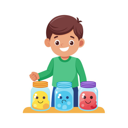 A boy organizing jars of positive and negative emotions in a cartoon style.のイラスト素材